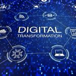 Digital transformation technology concept with icons of cloud computing, data, computer, database and devices connected to internet over abstract code, change management business processes